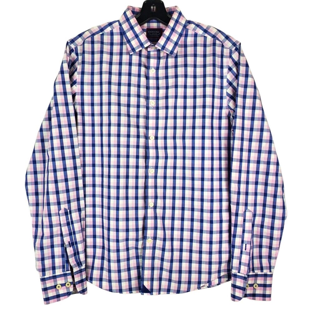 UNTUCKIT Shirt Mens Medium White Blue Tattersall Plaid Slim Fit Button Up Preppy